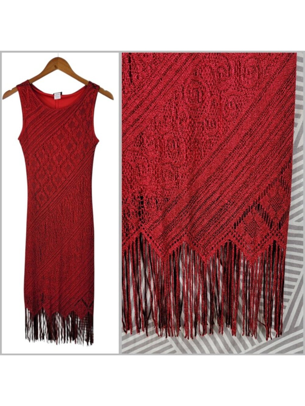 Vintage Crochet Fringe Lace Dress Size Small Medium Event Party Red Midi Stretch